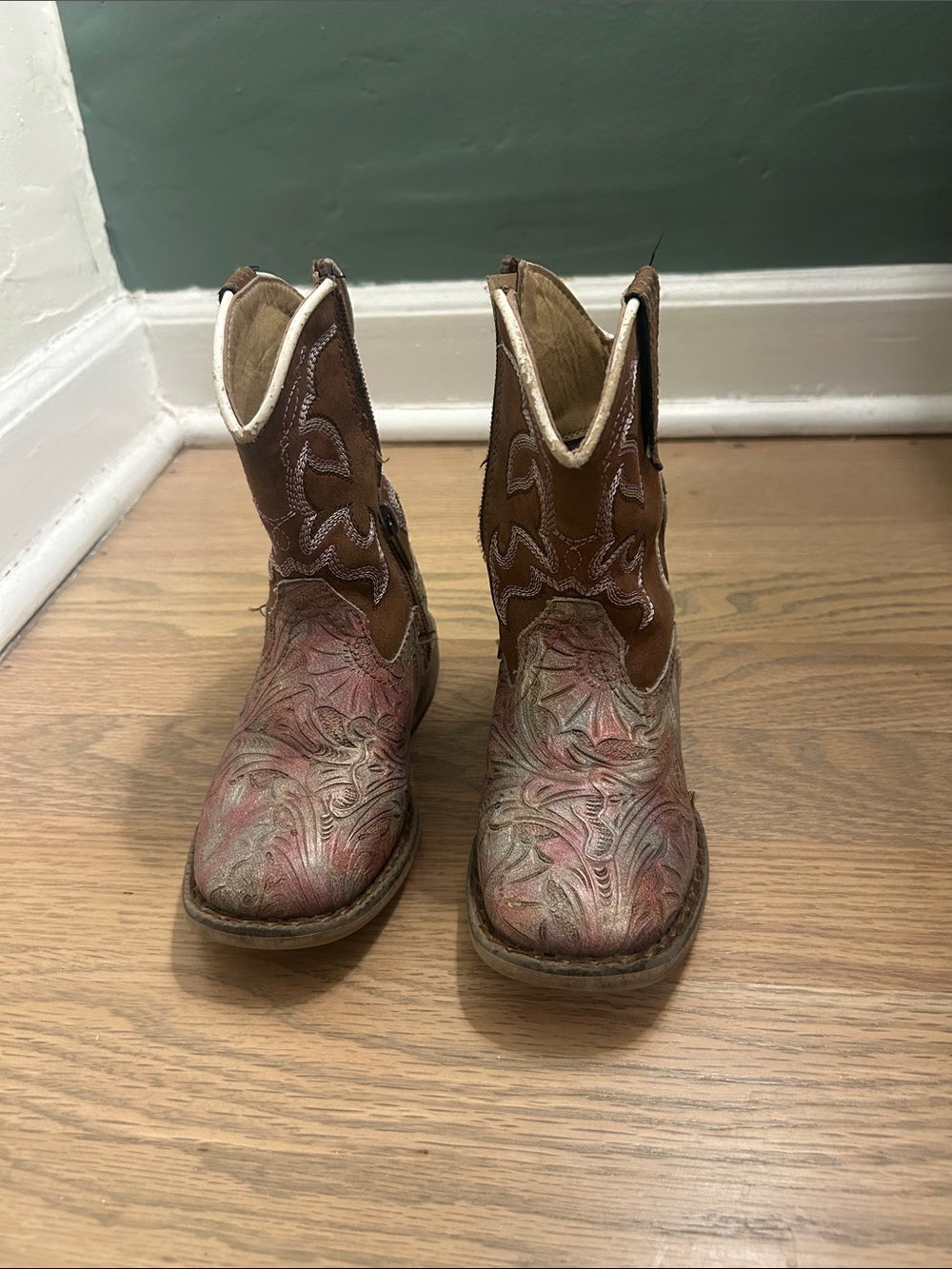Justin Boots Kids Brown with Pink-Toned Embossed Western Boots